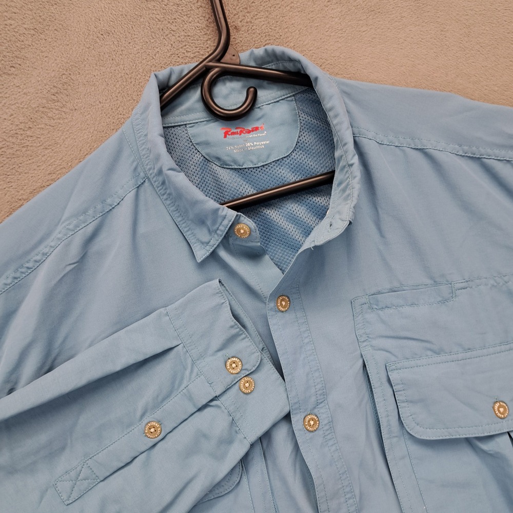 VTG RailRiders Mens XL Blue Long Sleeve Button Up Shirt Pockets Nylon Polyester
